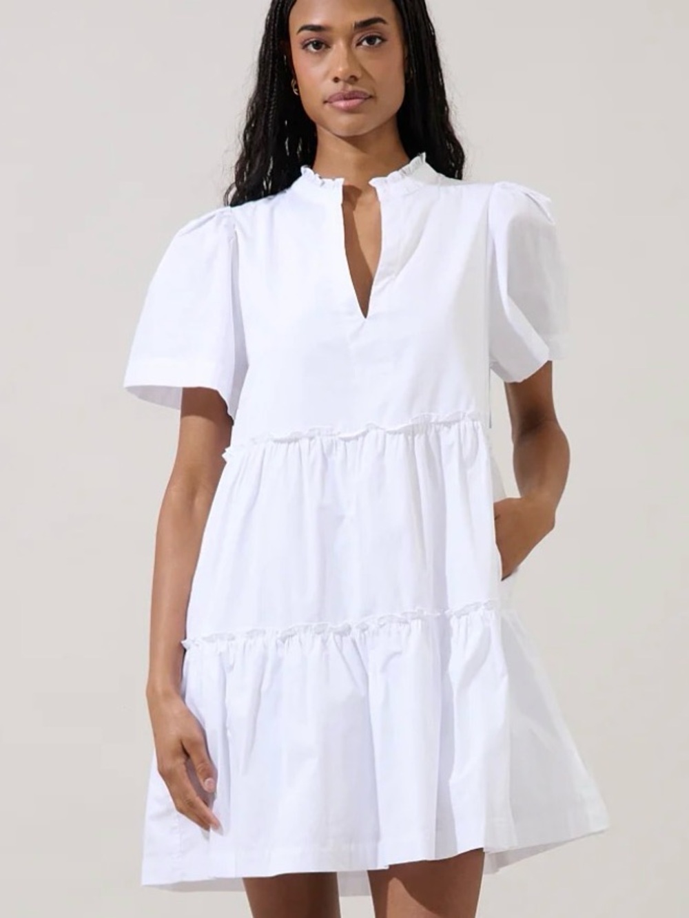 1. State Bright White V Neck Puff-Sleeve Tiered Dress Small - Picture 1 of 7